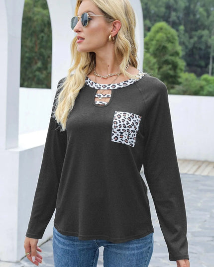 Leopard Print Cutout Long Sleeve Tee with Pocket