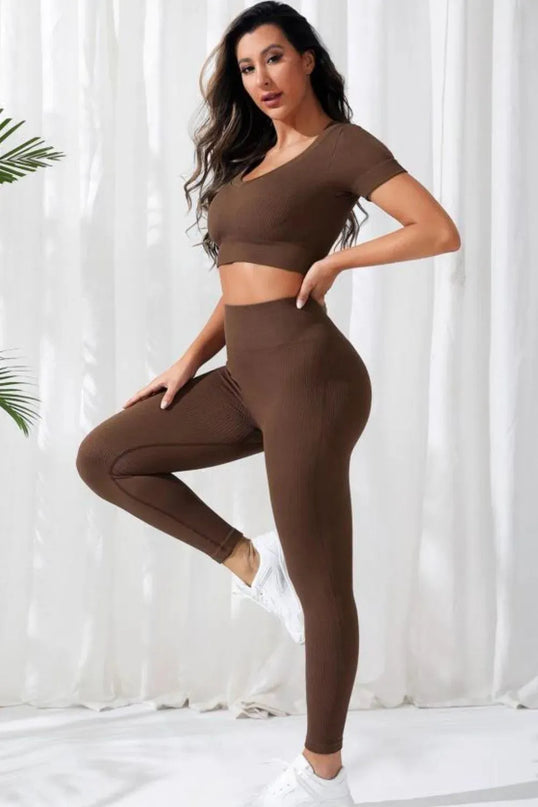 V-Neck Crop Top and High Waistband Long Active Pants - ShopEasier