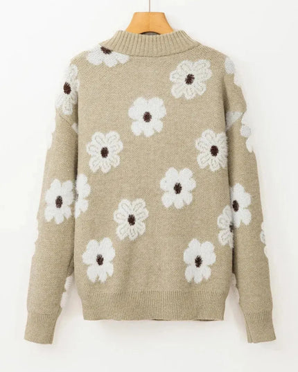 Flower Half Zip Long Sleeve Sweater - ShopEasier