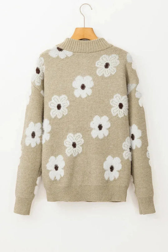 Flower Half Zip Long Sleeve Sweater - ShopEasier