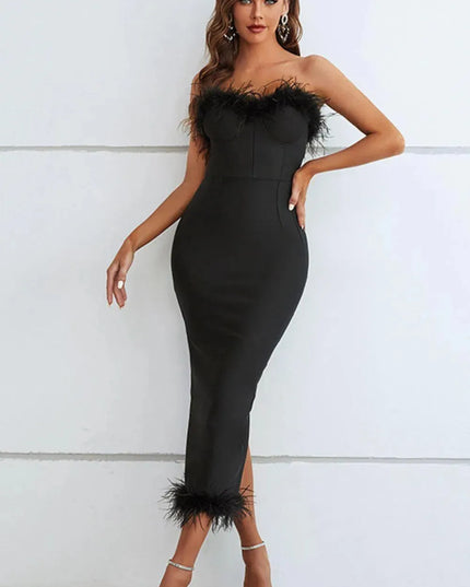 Feather Trim Strapless Sweetheart Neck Dress