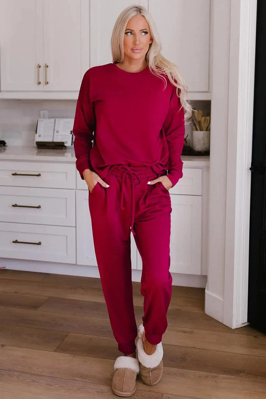 Basic Round Neck Lounge Set with Drawstring Pants