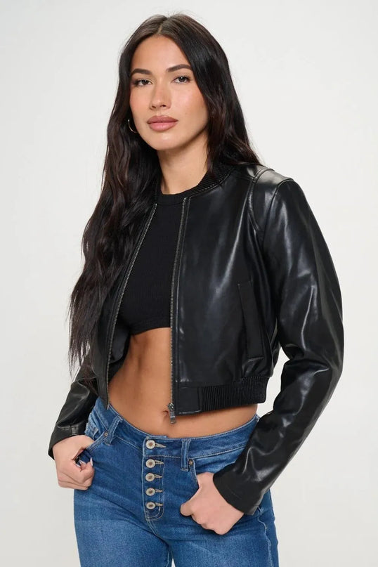 Coalition LA Zip Up Cropped Bomber Jacket - ShopEasier