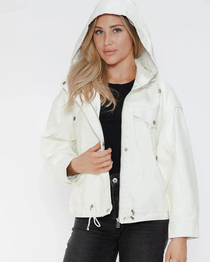 How Dare U Drawstring Hem PU Leather Zip Up Jacket - ShopEasier