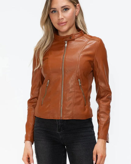 Snobbish Faux Leather Zip Up Drawstring Hooded Jacket - ShopEasier