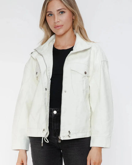 How Dare U Drawstring Hem PU Leather Zip Up Jacket - ShopEasier