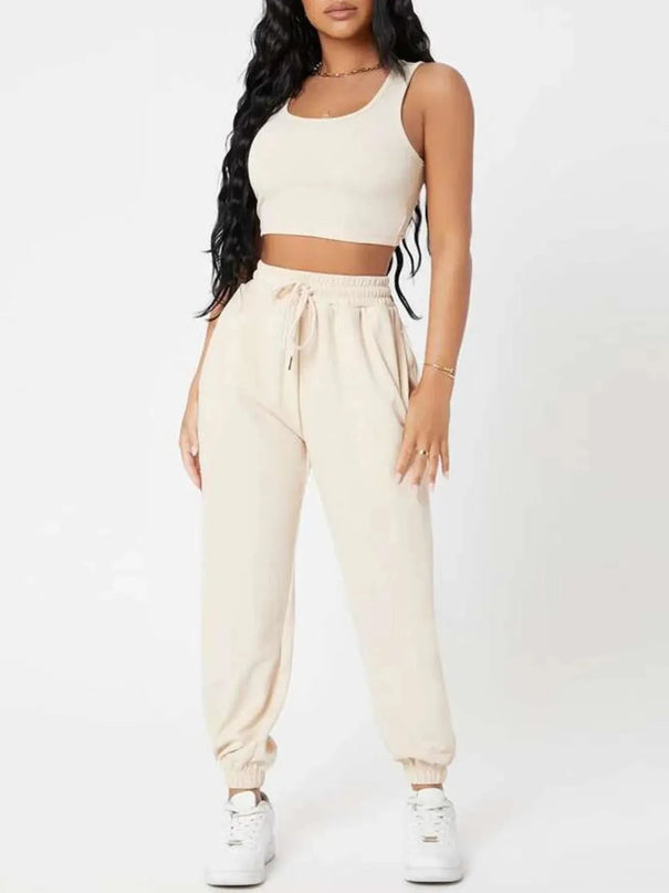 Wide Strap Top and Drawstring Joggers Set - ShopEasier