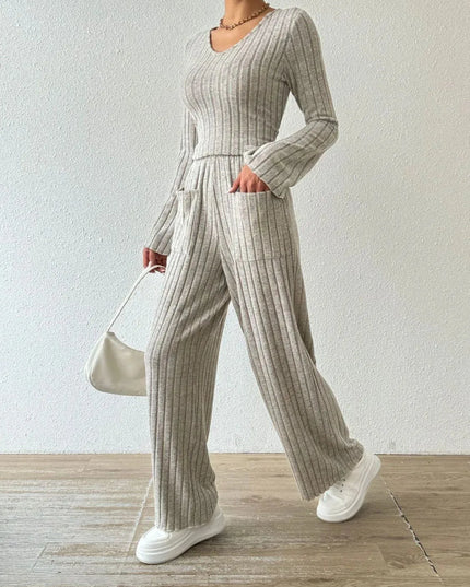 V-Neck Ribbed Long Sleeve Top with Pocketed Trousers Set