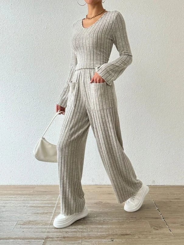 V-Neck Ribbed Long Sleeve Top with Pocketed Trousers Set