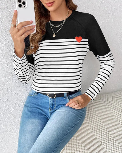 Contrast Striped Long Sleeve Round Neck Tee