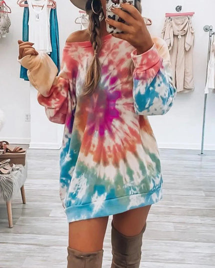 Vestido de manga larga con cuello redondo y efecto tie-dye de tamaño completo