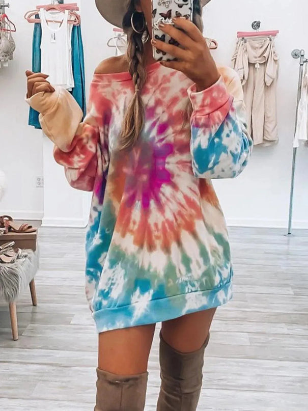 Vestido de manga larga con cuello redondo y efecto tie-dye de tamaño completo