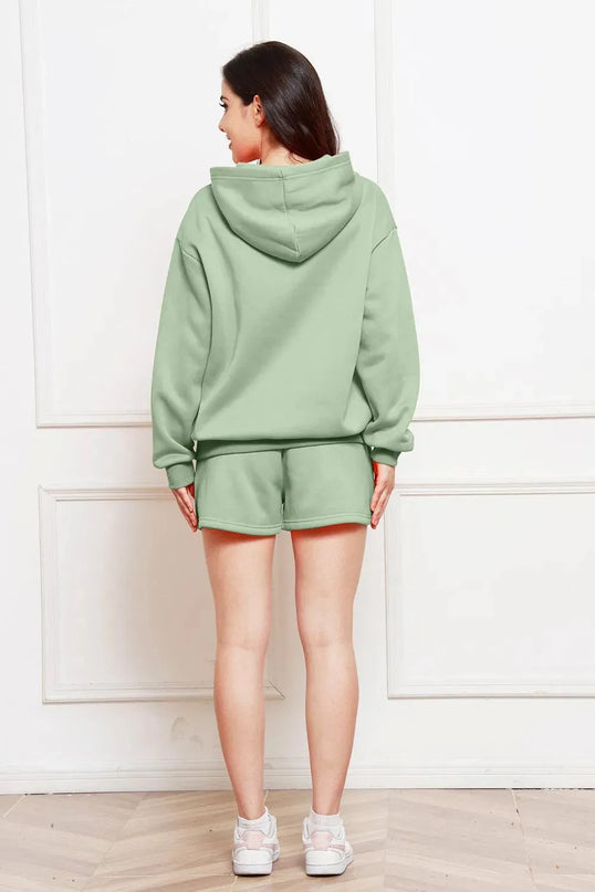 Casual Drop Shoulder Hoodie and Shorts Ensemble