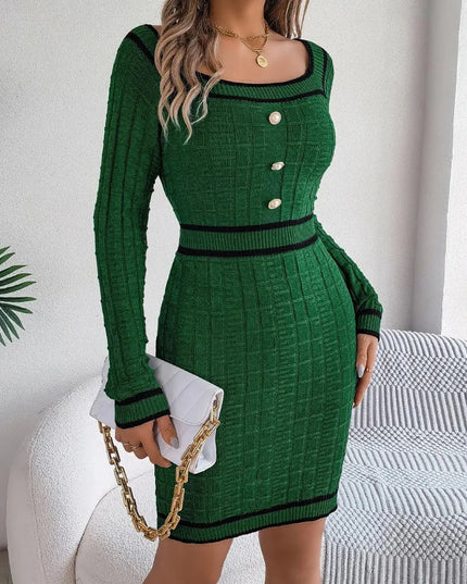 Contrast Trim Long Sleeve Sweater Dress