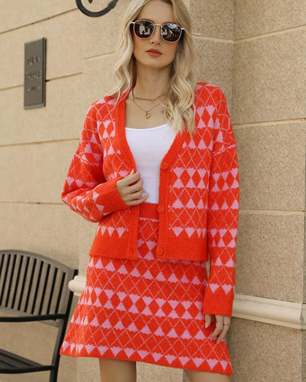 Sleek Geometric Knit Cardigan and Skirt Ensemble