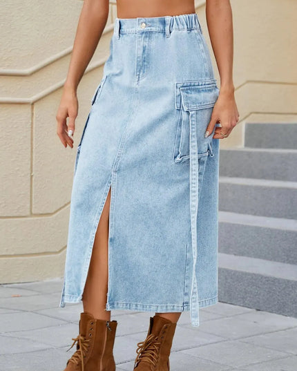 High-Waisted Denim Skirt with Slit Pockets