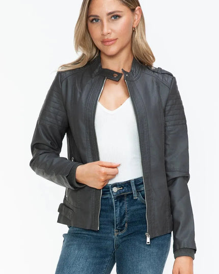 Snobbish PU Leather Biker Jacket with Side Zip Pockets - ShopEasier