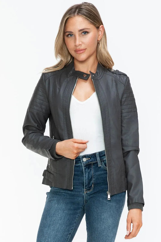 Snobbish PU Leather Biker Jacket with Side Zip Pockets - ShopEasier