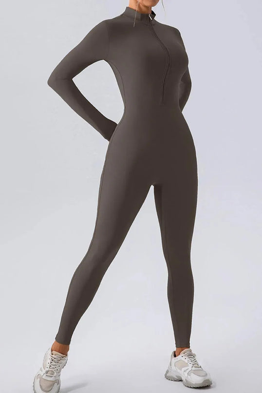 Half Zip Mock Neck Active Jumpsuit - ShopEasier