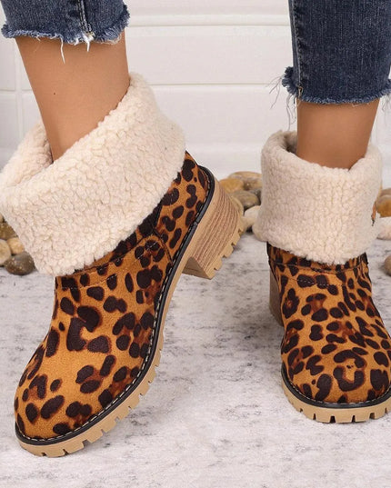 Leopard Block Heel Fuzzy Boots - ShopEasier