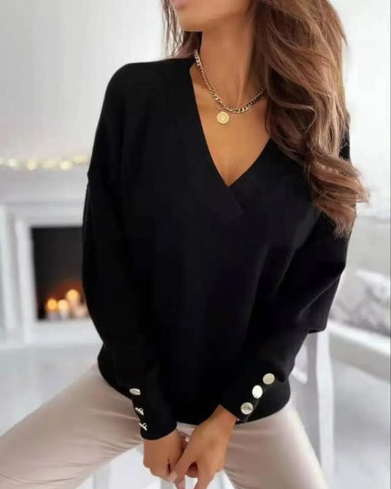 V-Neck Button-Detail Long Sleeve Pullover