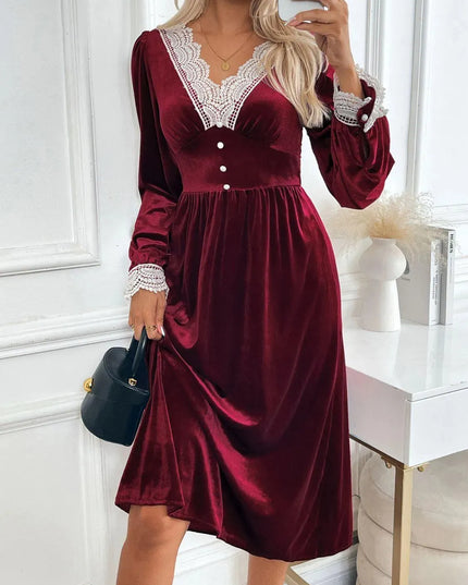 Perfee Lace Detail V-Neck Long Sleeve Midi Dress