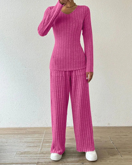 V-Neck Ribbed Long Sleeve Top with Pocketed Trousers Set