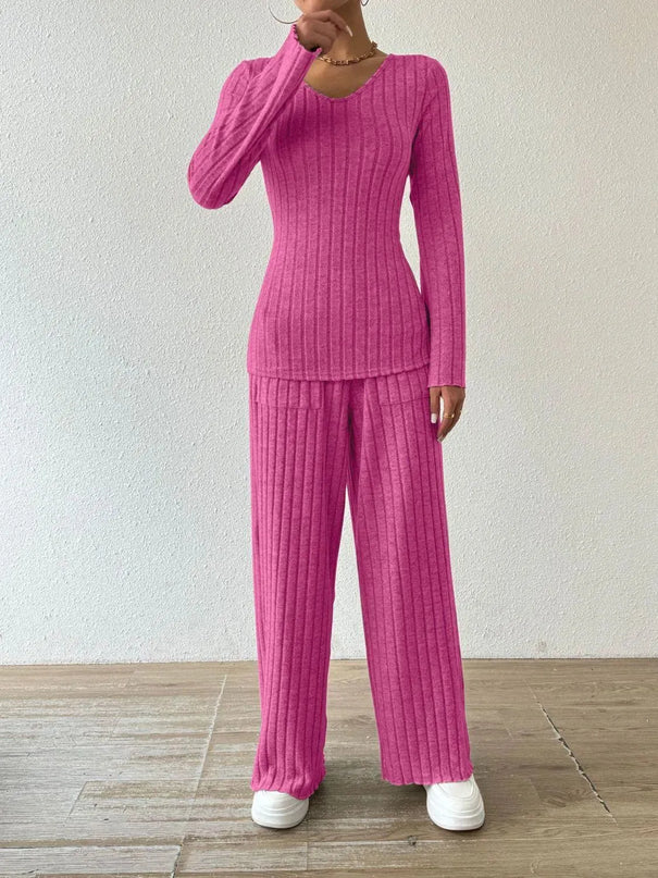 V-Neck Ribbed Long Sleeve Top with Pocketed Trousers Set