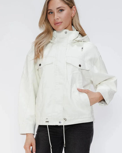 How Dare U Drawstring Hem PU Leather Zip Up Jacket - ShopEasier