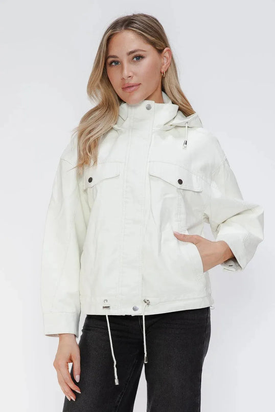 How Dare U Drawstring Hem PU Leather Zip Up Jacket - ShopEasier