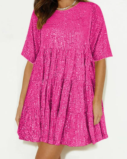 Sequin Round Neck Half Sleeve Mini Dress