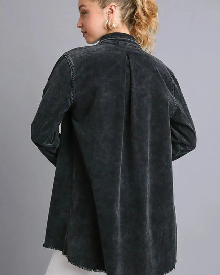 Umgee Raw Hem Button Down Denim Jacket with Chest Pockets - ShopEasier