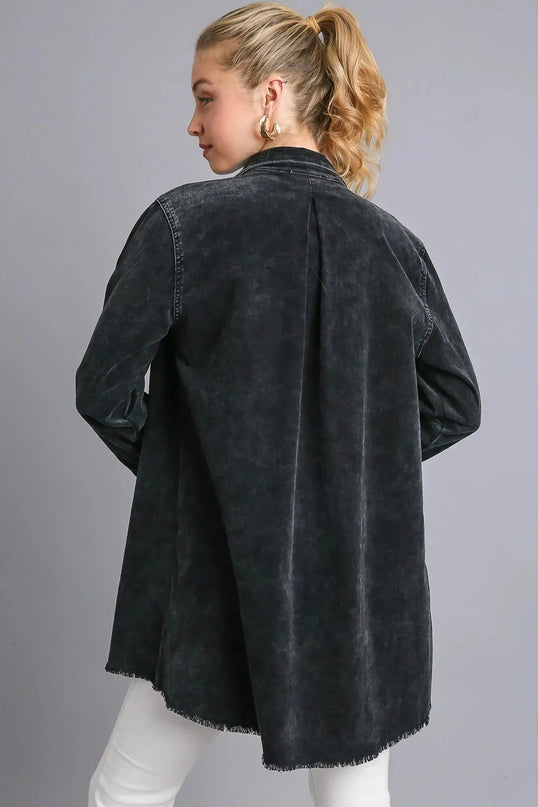 Umgee Raw Hem Button Down Denim Jacket with Chest Pockets - ShopEasier