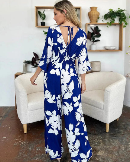 Double Take Full Size Printed Tie Back Wide Leg Jumpsuit - ShopEasier