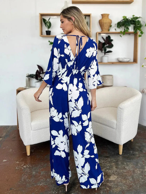 Double Take Full Size Printed Tie Back Wide Leg Jumpsuit - ShopEasier