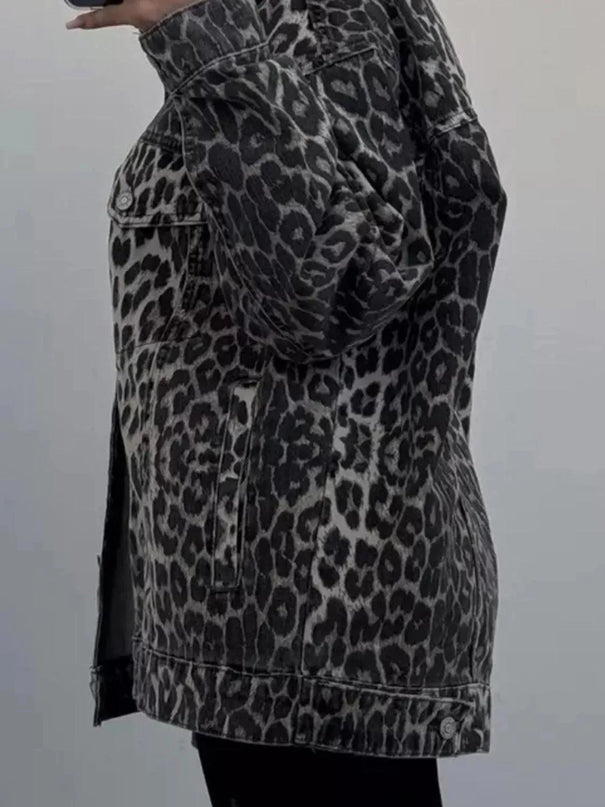 Leopard Button Up Long Sleeve Denim Top - ShopEasier