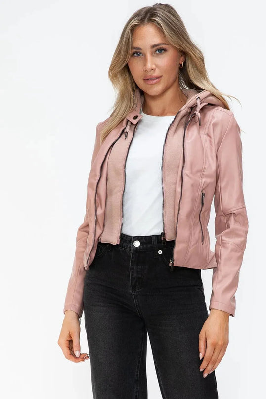 Snobbish Faux Leather Zip Up Drawstring Hooded Jacket - ShopEasier