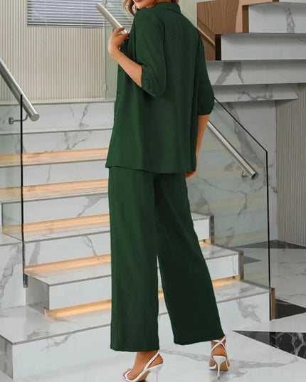 Three-Piece Smocked Crop Top, Button-Up Shirt, and Drawstring Trousers Set