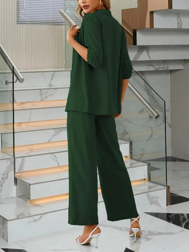 Three-Piece Smocked Crop Top, Button-Up Shirt, and Drawstring Trousers Set