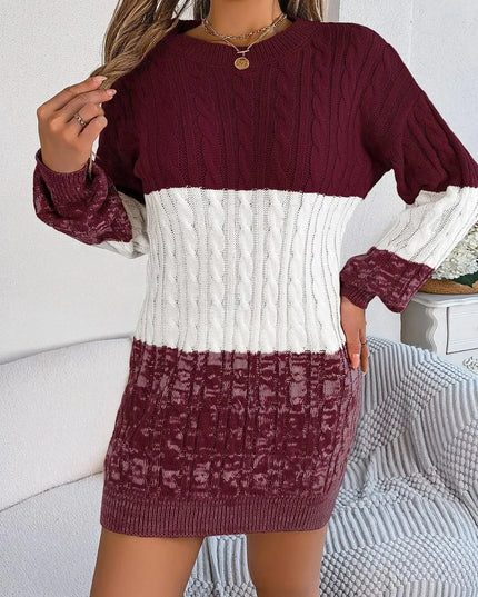 Cable-Knit Round Neck Color Block Sweater Dress - ShopEasier