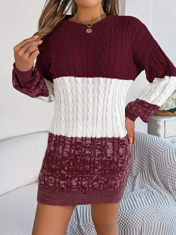 Cable-Knit Round Neck Color Block Sweater Dress - ShopEasier