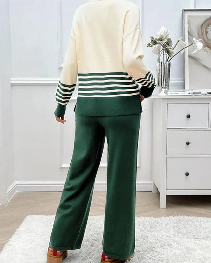 Conjunto elegante de top y pantalón de punto a rayas con aberturas