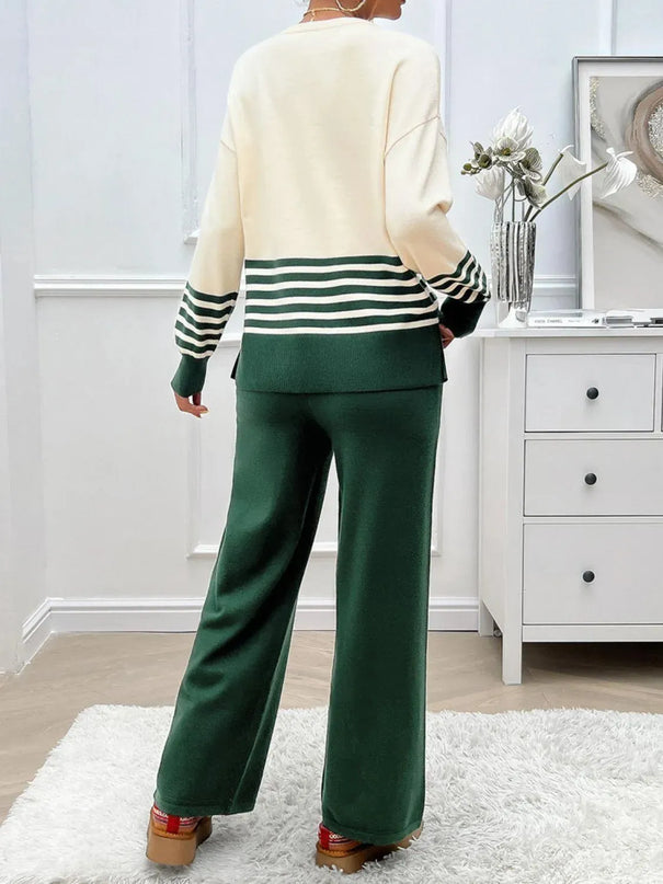 Conjunto elegante de top y pantalón de punto a rayas con aberturas