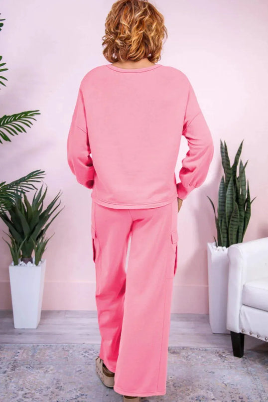 Full Size Round Neck Long Sleeve Top and Drawstring Pants Set - ShopEasier