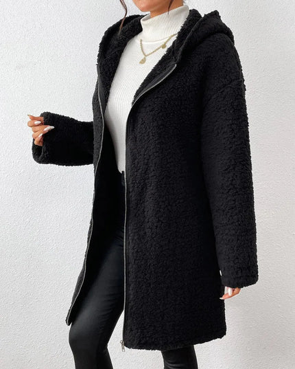 Zip Up Long Sleeve Sherpa Hooded Coat - ShopEasier