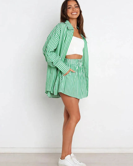 Striped Short Sleeve Button-Up Shirt and Shorts Combo Set