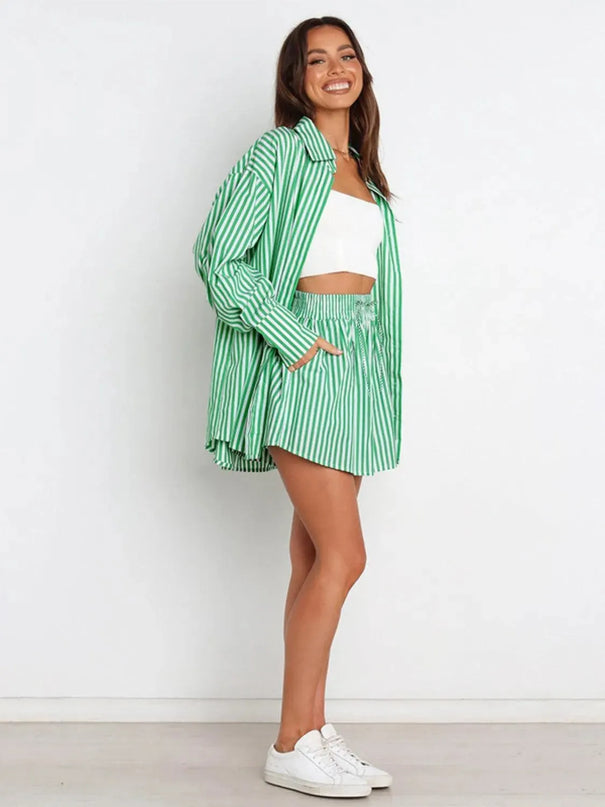 Striped Short Sleeve Button-Up Shirt and Shorts Combo Set