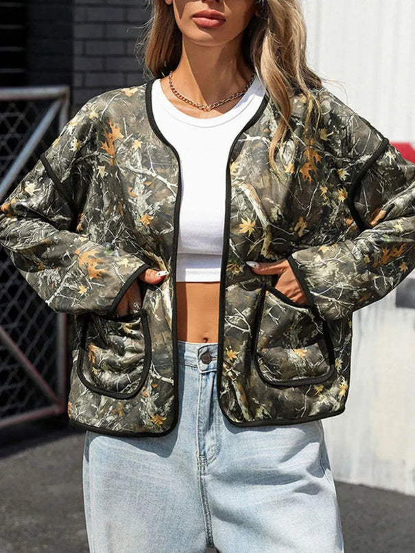 Perfee Printed Open Front Long Sleeve Jacket - ShopEasier