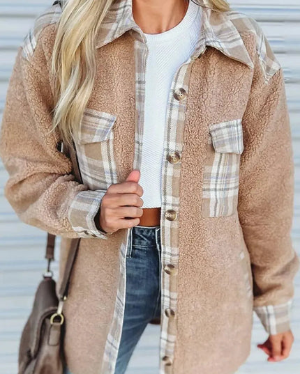 Pocketed Plaid Collared Neck Sherpa Jacket - ShopEasier