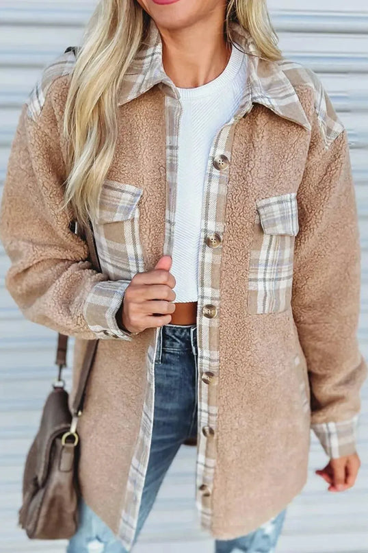 Pocketed Plaid Collared Neck Sherpa Jacket - ShopEasier